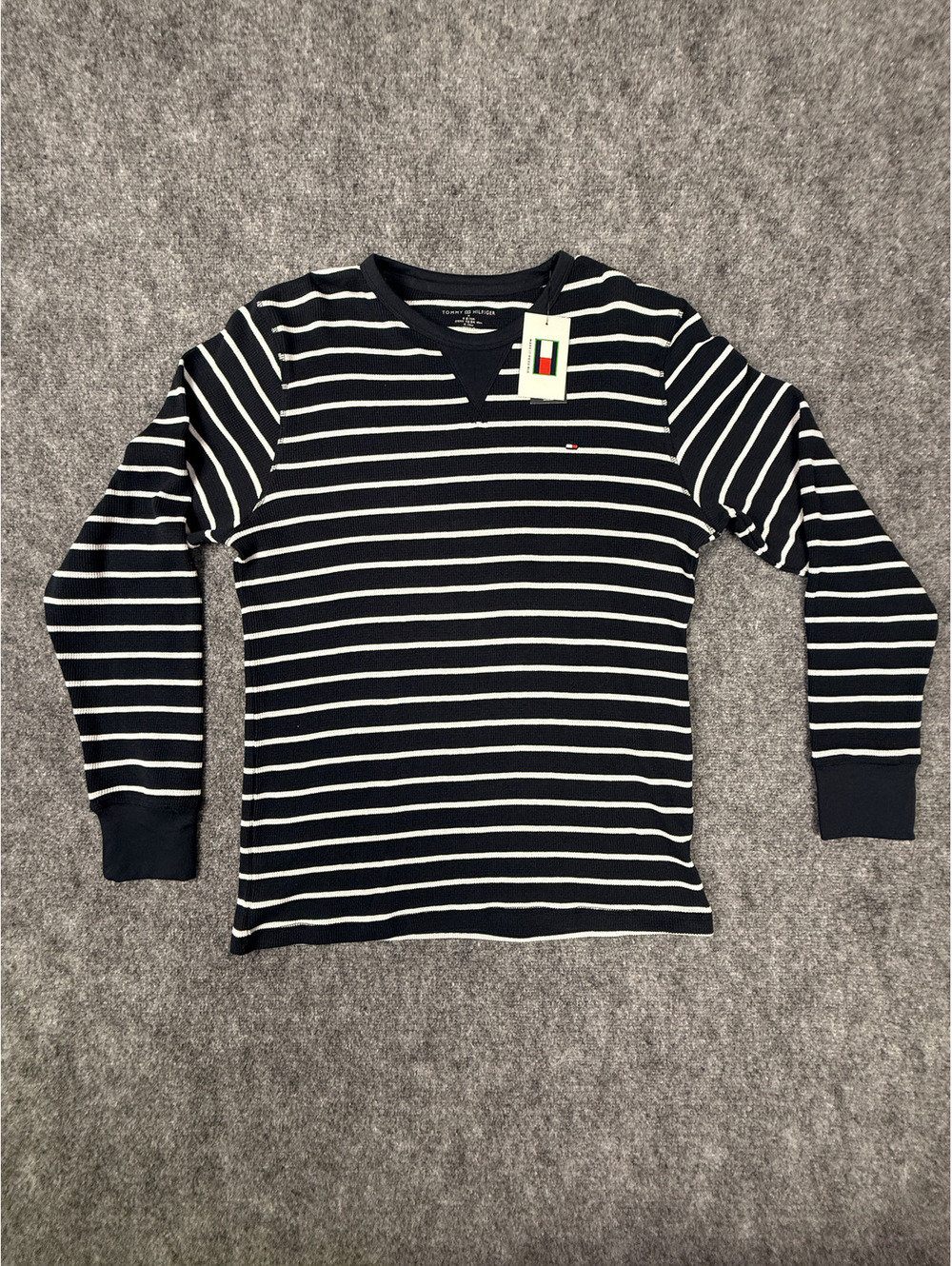 Tommy Hilfiger Navy Blue and White Striped Long Sleeve Shirt